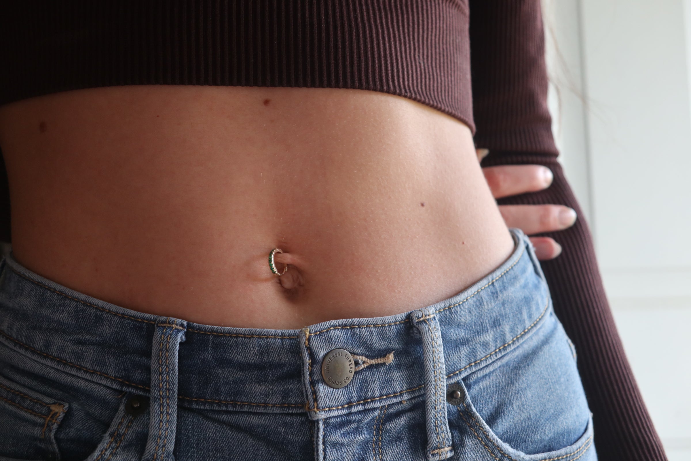 14K Solid Gold Belly Hoop With Emerald CZ