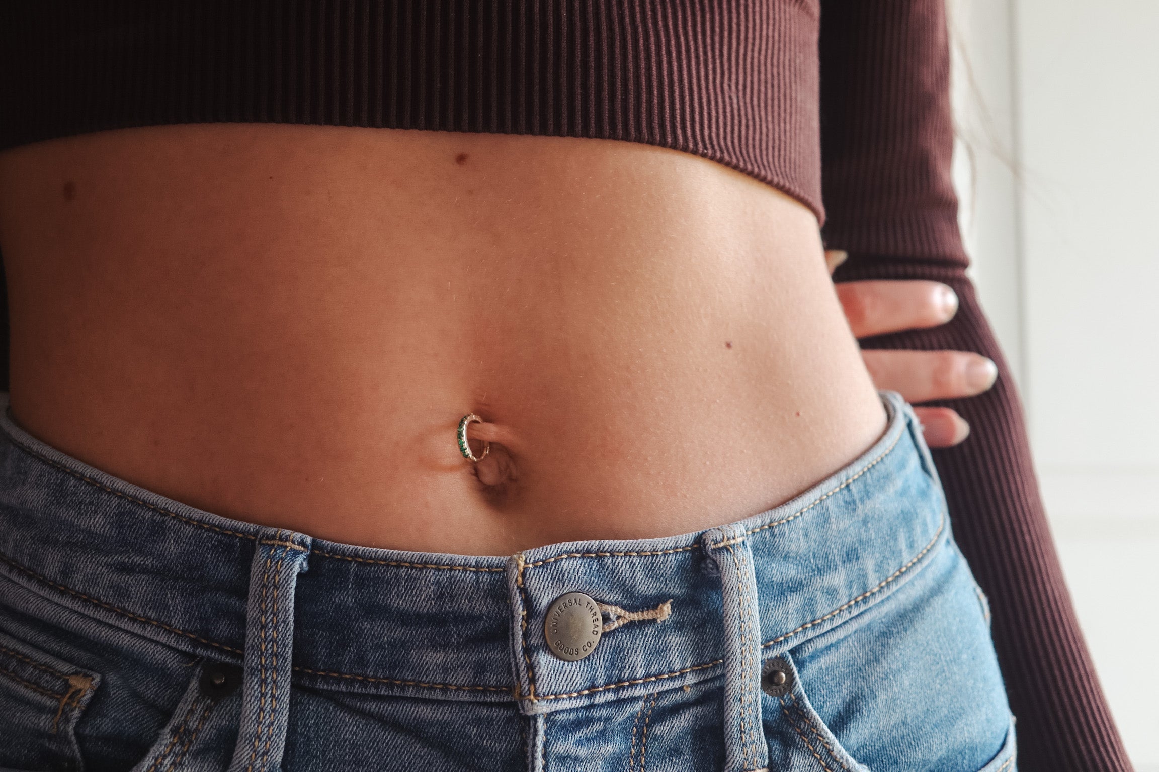 14K Solid Gold Belly Hoop With Emerald CZ