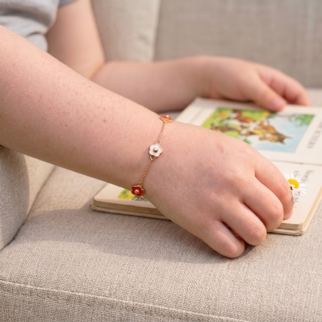 14K Solid Gold Triple Flower Epoxy Kids Bracelet - Orange epoxy, White epoxy, Yellow gold, Solid gold