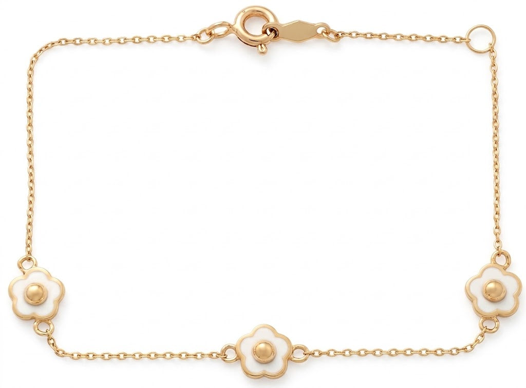 14K Solid Gold Triple White Flower Children's Bracelet