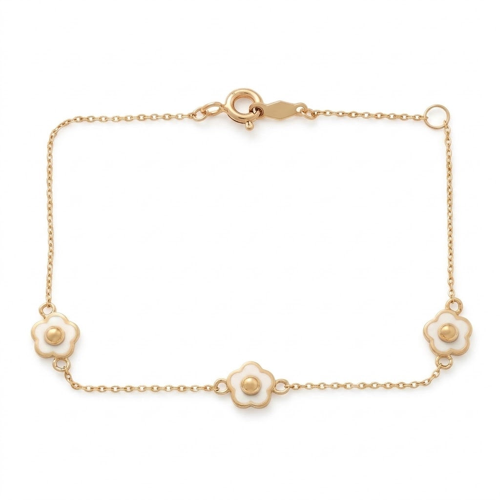 14K Solid Gold Triple White Flower Children's Bracelet