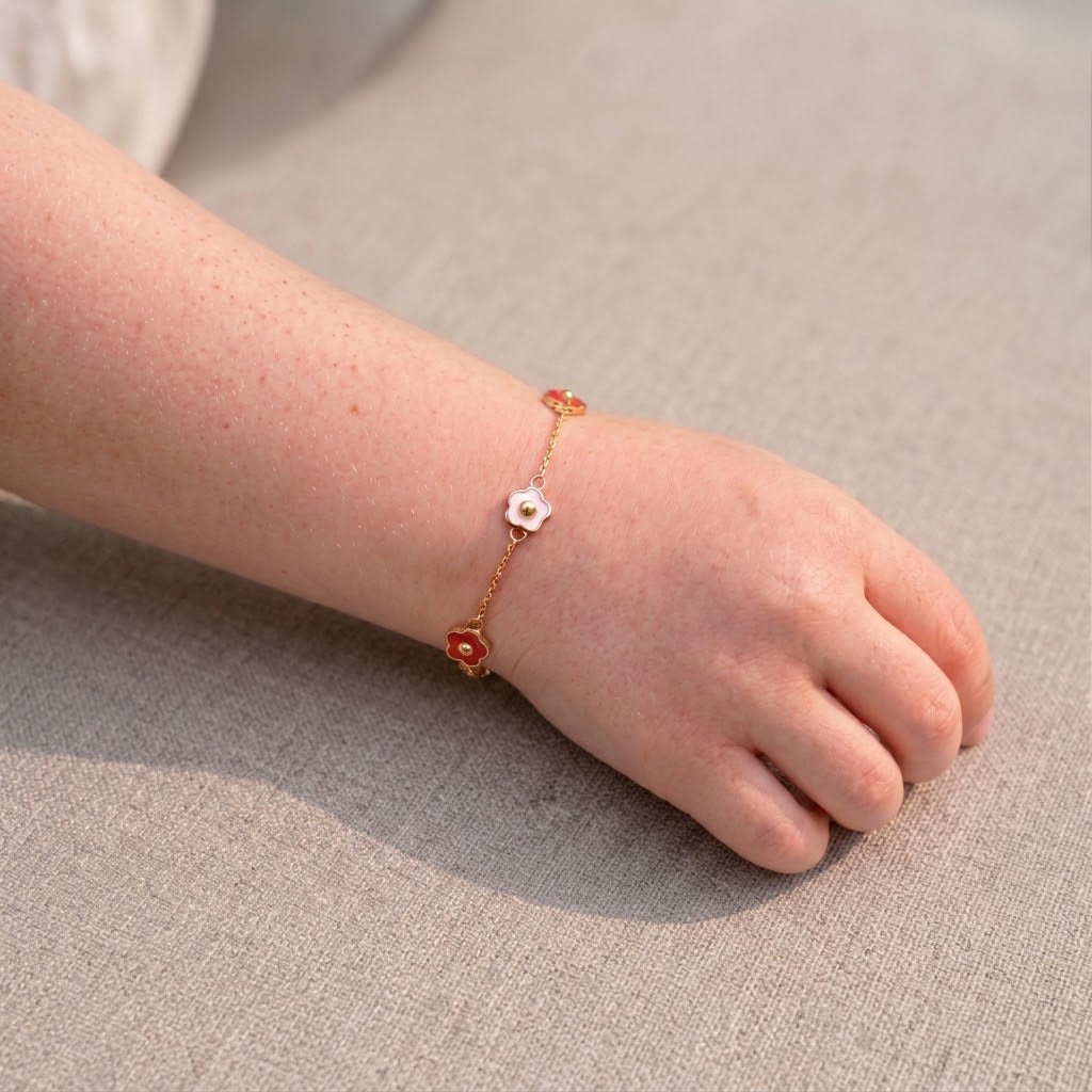 14K Solid Gold Triple Flower Epoxy Kids Bracelet - Orange epoxy, White epoxy, Yellow gold, Solid gold