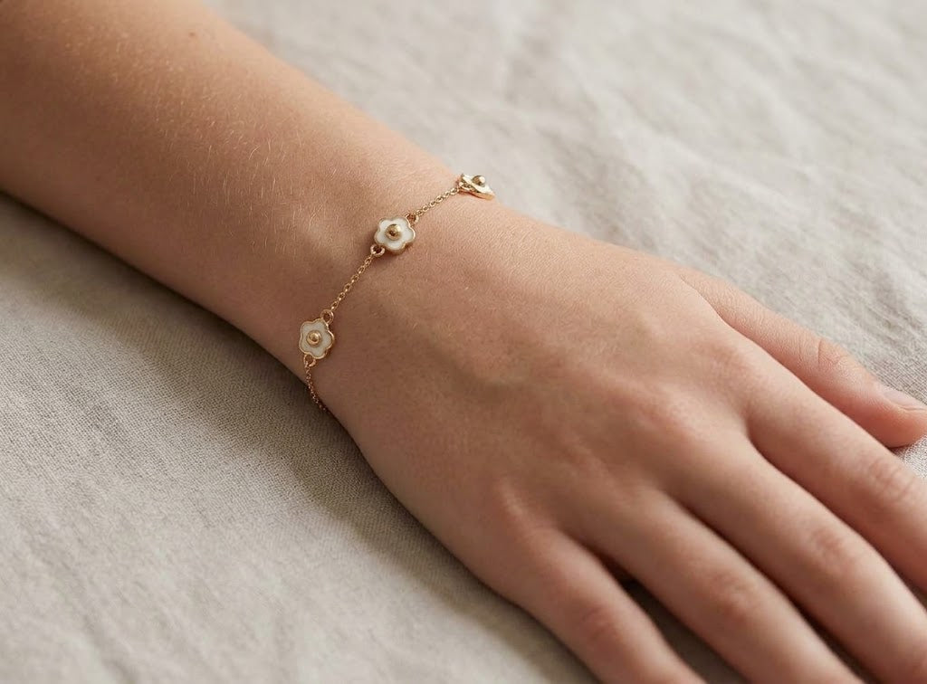 14K Solid Gold Triple White Flower Children's Bracelet