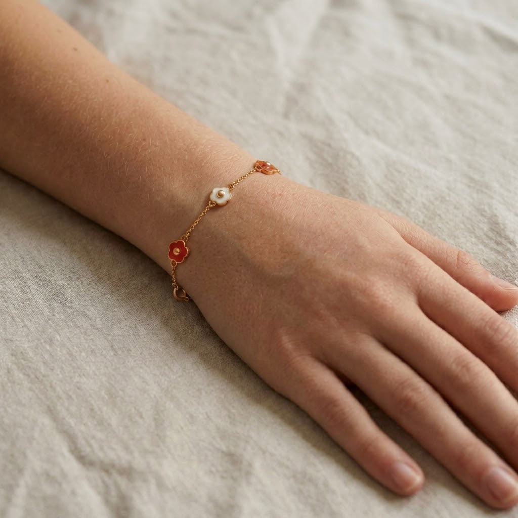 14K Solid Gold Triple Flower Epoxy Kids Bracelet - Orange epoxy, White epoxy, Yellow gold, Solid gold