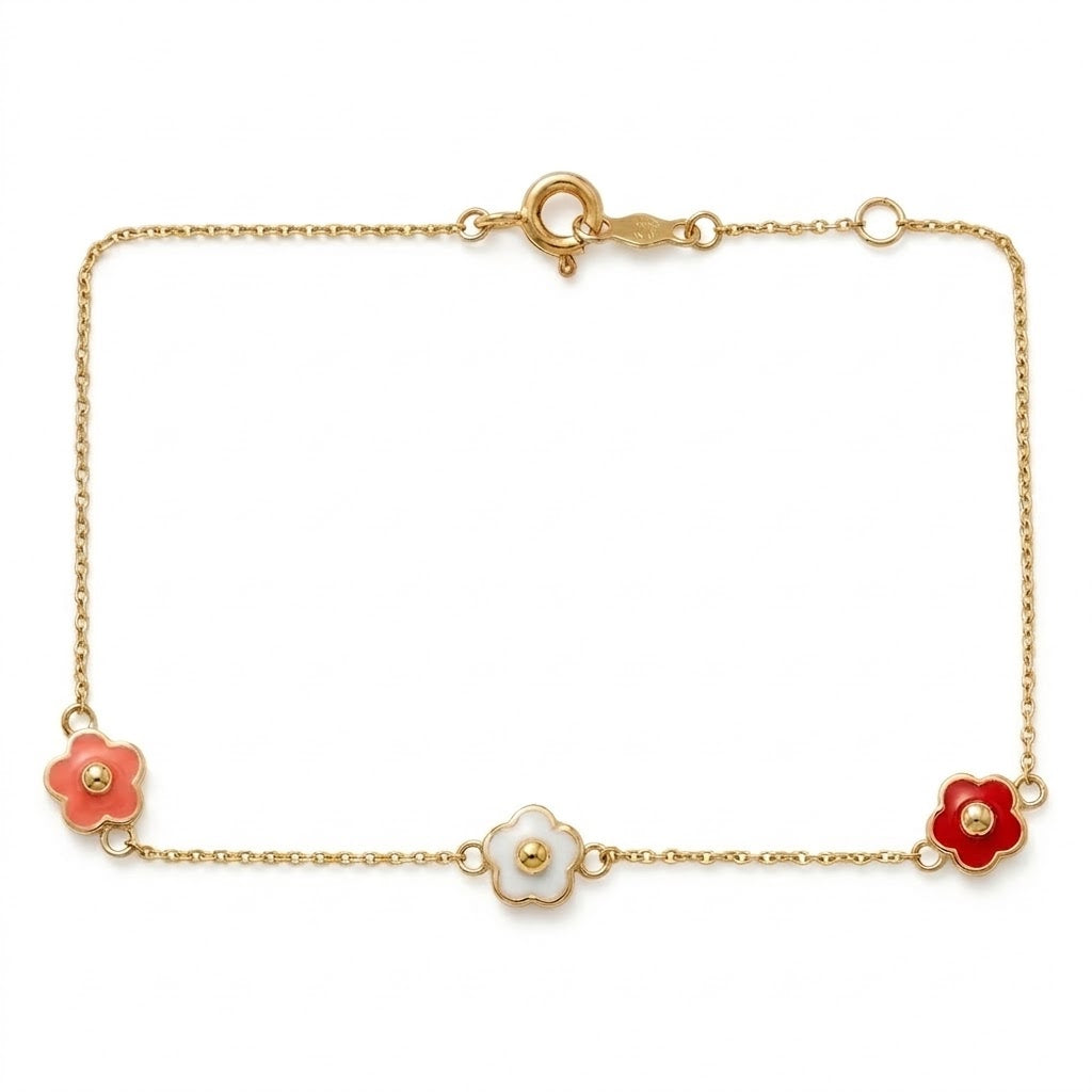 14K Solid Gold Colorful Flower Epoxy Kids Bracelet, 5.5 inch size