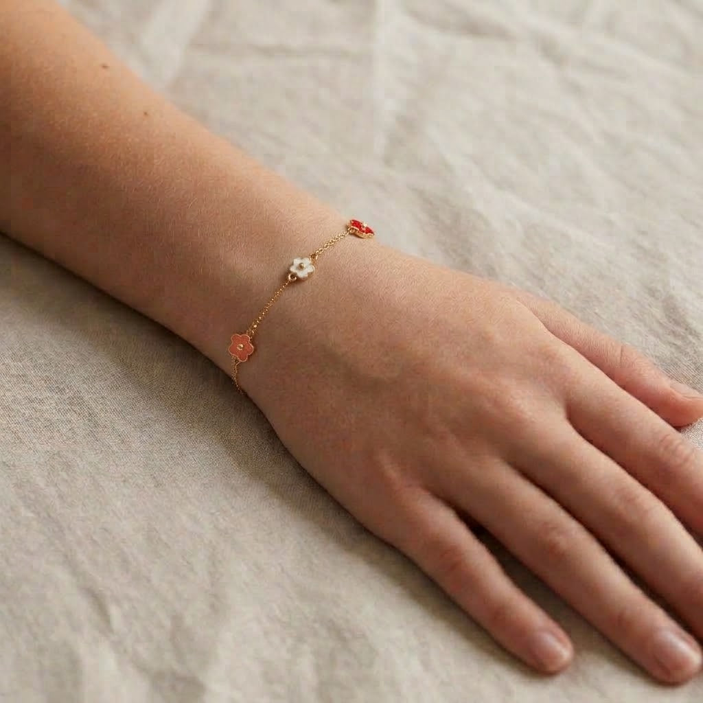14K Solid Gold Colorful Flower Epoxy Kids Bracelet, 6.5 inch size