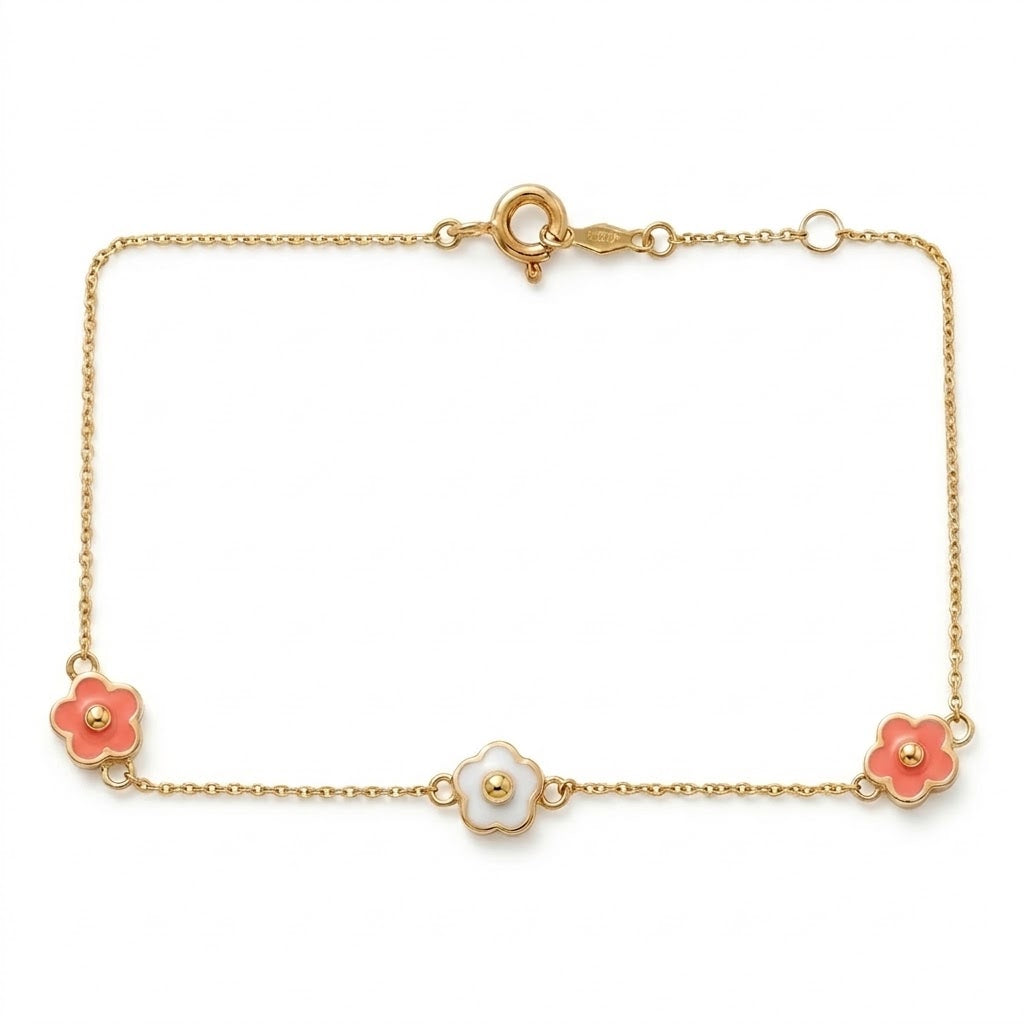 14K Solid Gold Pink and White Flower Epoxy Kids Bracelet