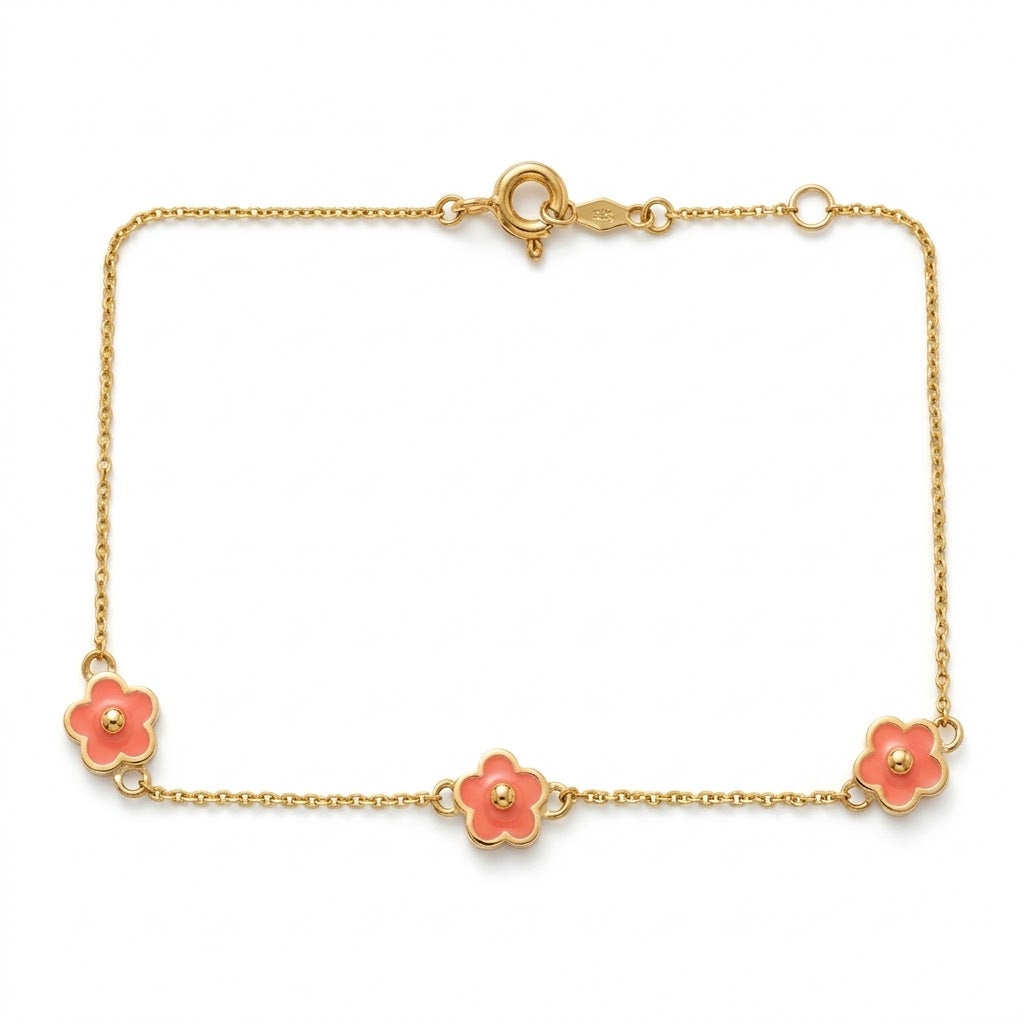 14K Solid Gold Pink Flower Epoxy Kids Bracelet
