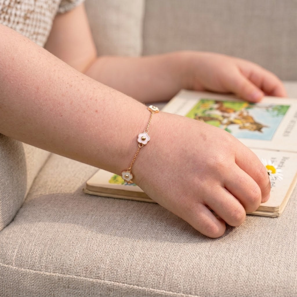 14K Solid Gold Triple White Flower Kids Bracelet - White epoxy, Yellow gold, Solid gold