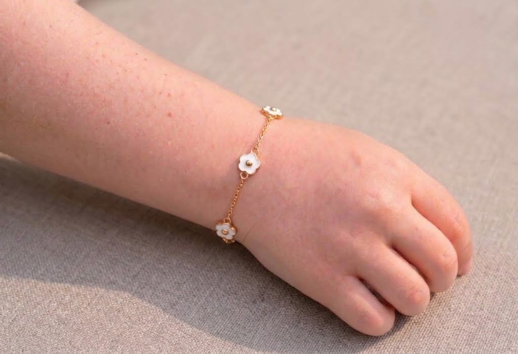 14K Solid Gold Triple White Flower Children's Bracelet