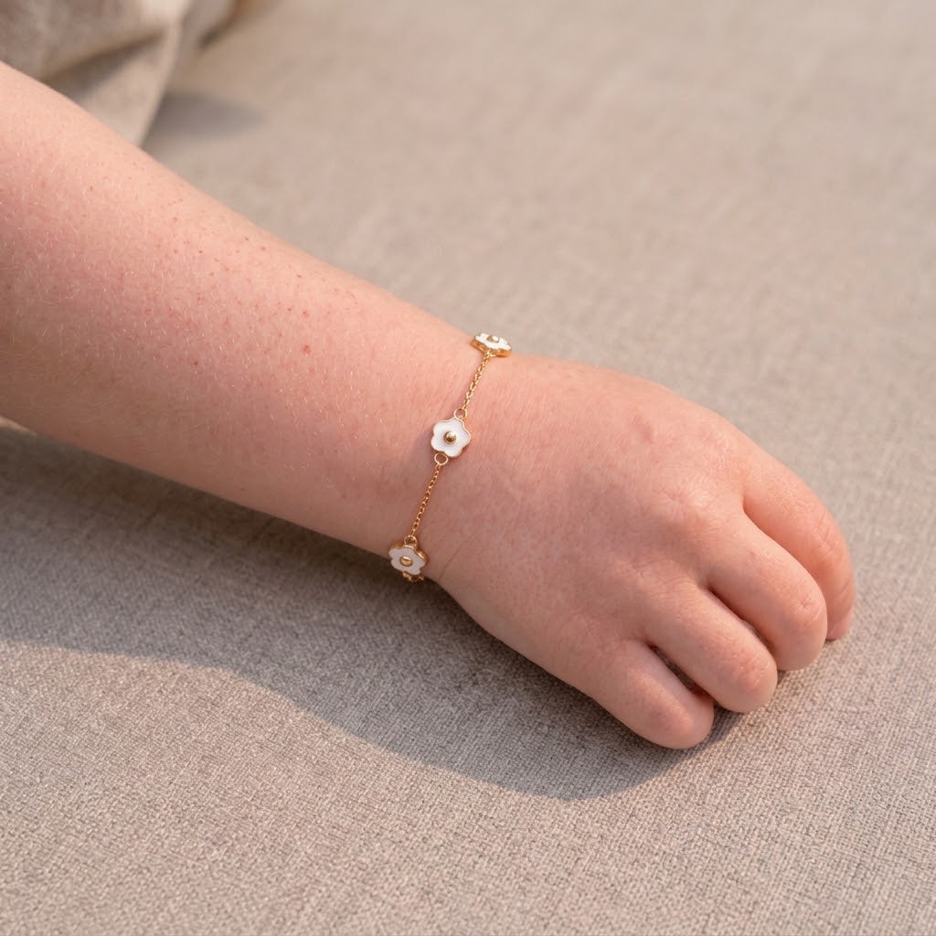 14K Solid Gold Triple White Flower Kids Bracelet - White epoxy, Yellow gold, Solid gold