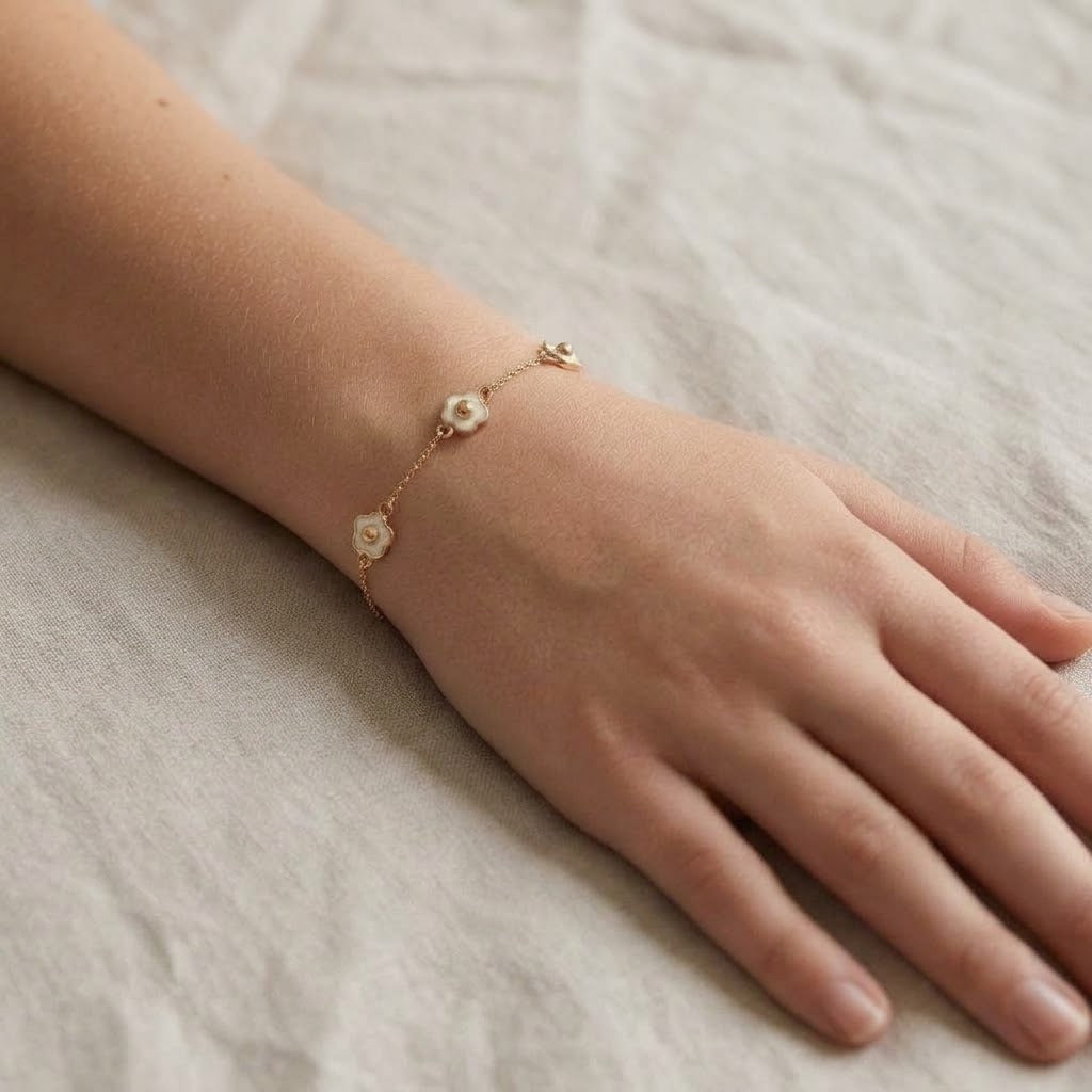 14K Solid Gold Triple White Flower Kids Bracelet - White epoxy, Yellow gold, Solid gold