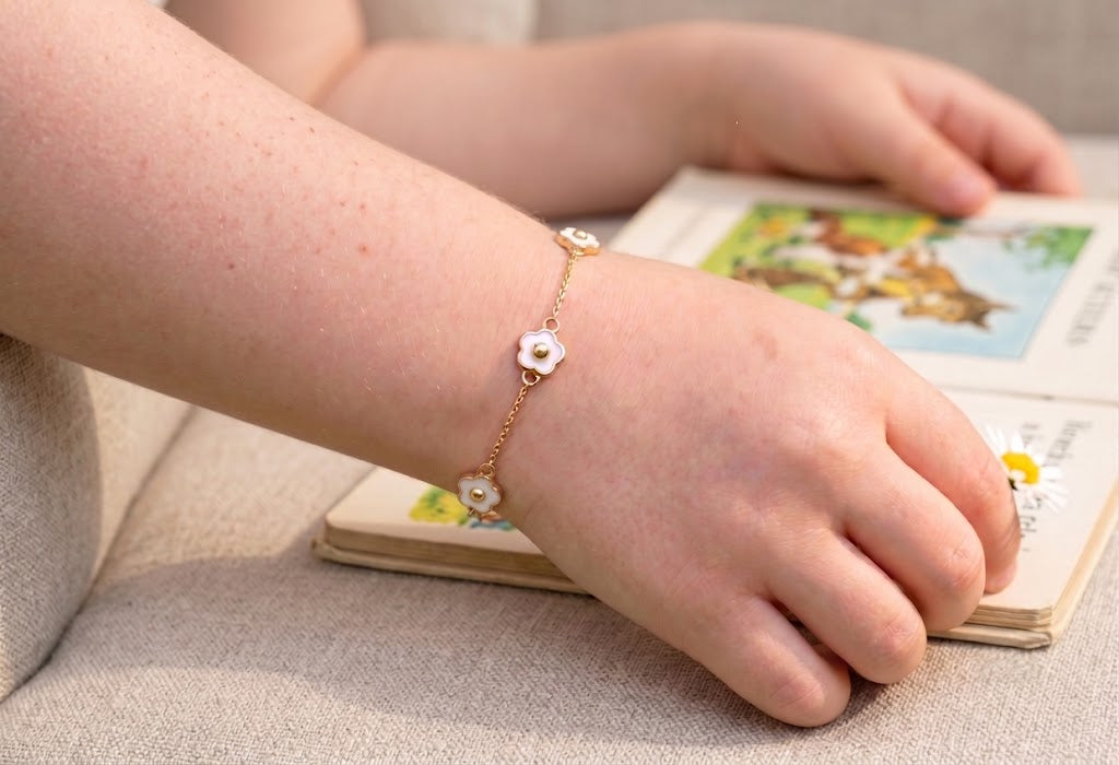 14K Solid Gold Triple White Flower Children's Bracelet
