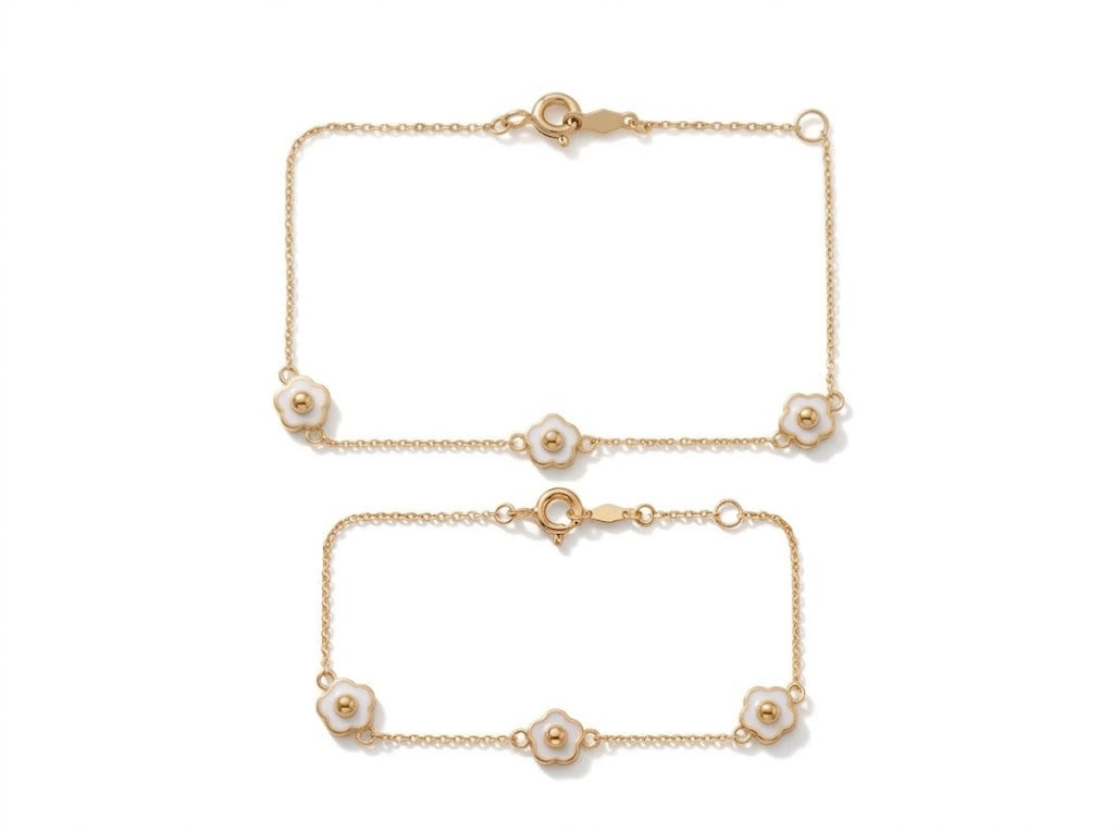 Mommy & Me 14K Solid Gold Triple White Flower Matching Bracelet Set