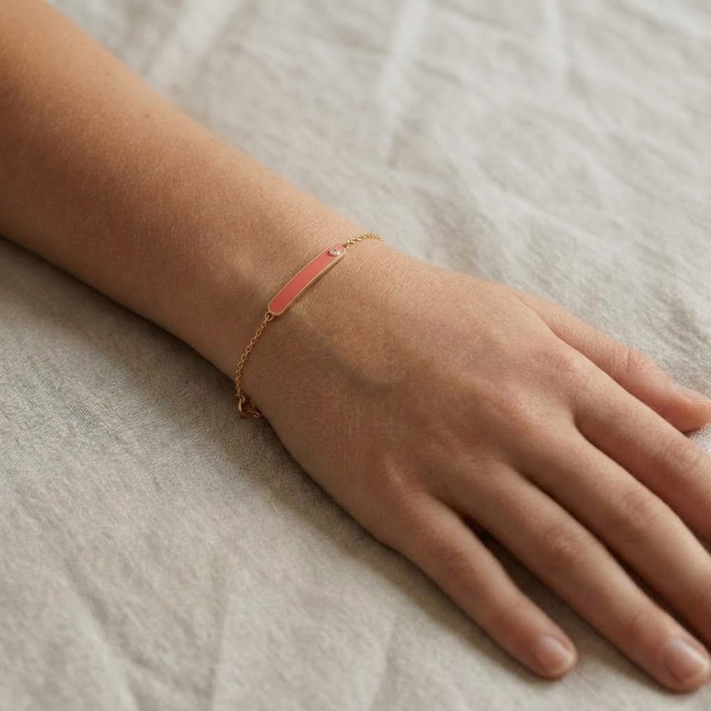 14K Solid Gold Pink Bar Kids Bracelet - Cubic zirconia, Pink epoxy, Yellow gold, Solid gold