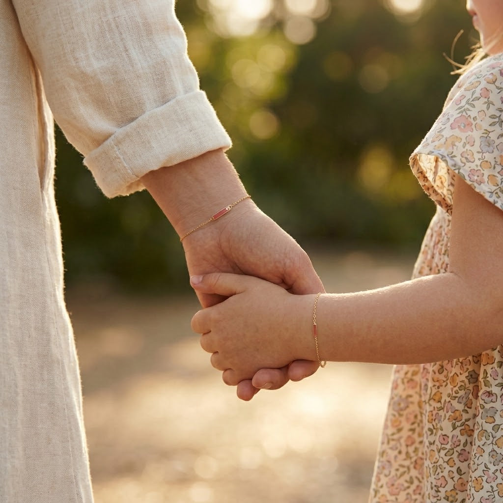Mommy and child wearing matching 14K solid gold pink bar bracelets