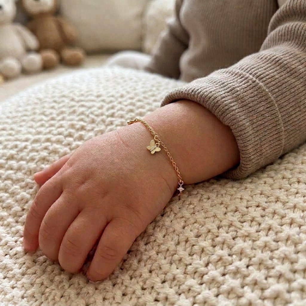 14K Solid Gold Butterfly CZ Kids Bracelet - Cubic zirconia, Yellow gold, Solid gold