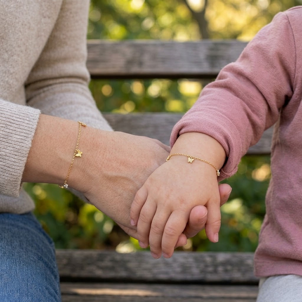 Mommy and child wearing matching 14K solid gold butterfly CZ bracelets