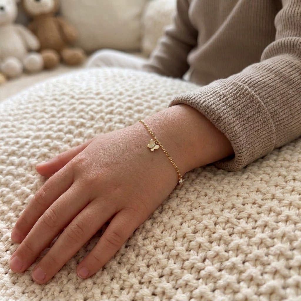 14K Solid Gold Butterfly CZ Kids Bracelet - Cubic zirconia, Yellow gold, Solid gold