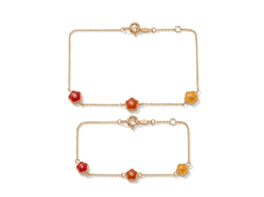 Mommy & Me 14K Solid Gold Red Orange Yellow Flower Matching Bracelet Set