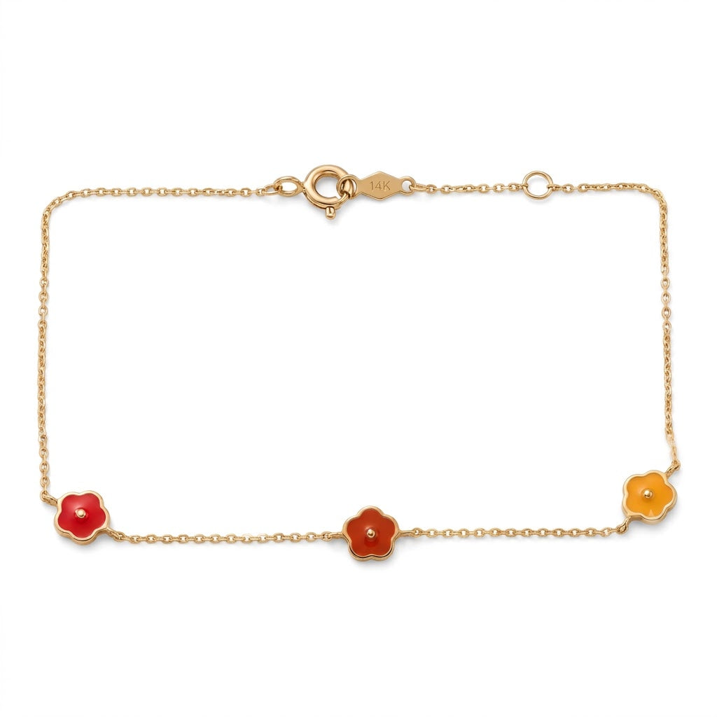 14K Solid Gold White and Orange Triple Flower Children's Bracelet