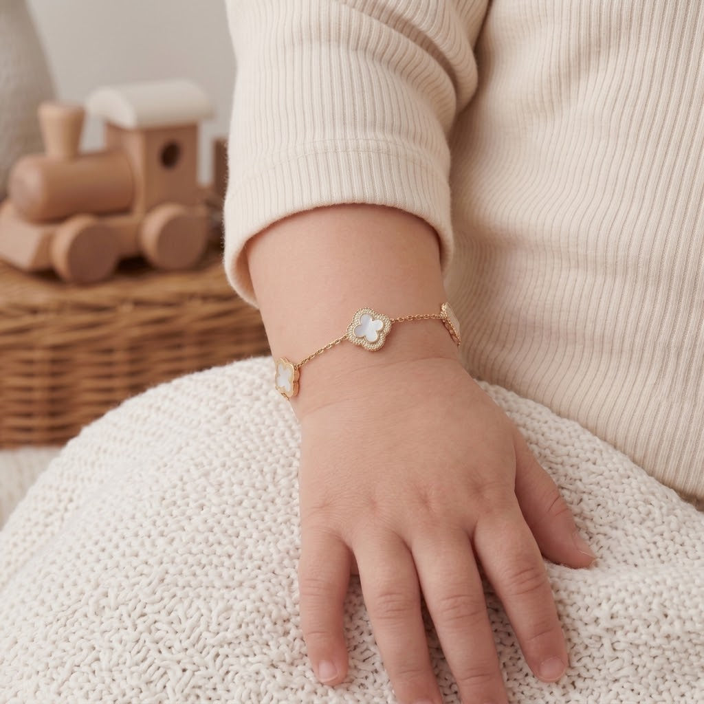 14K Solid Gold White Flower CZ Kids Bracelet - Cubic zirconia, White epoxy, Yellow gold, Solid gold