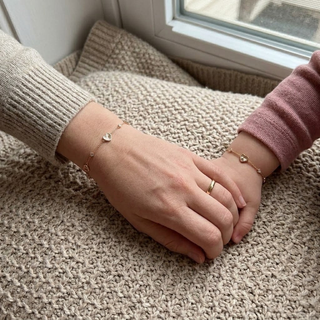 Mommy and child wearing matching 14K solid gold heart CZ bracelets