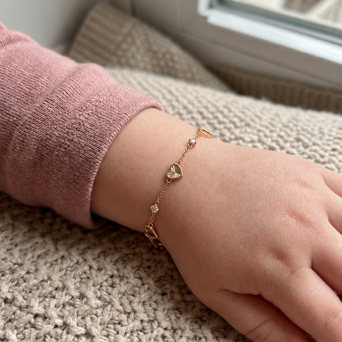14K Solid Gold Heart CZ Kids Bracelet
