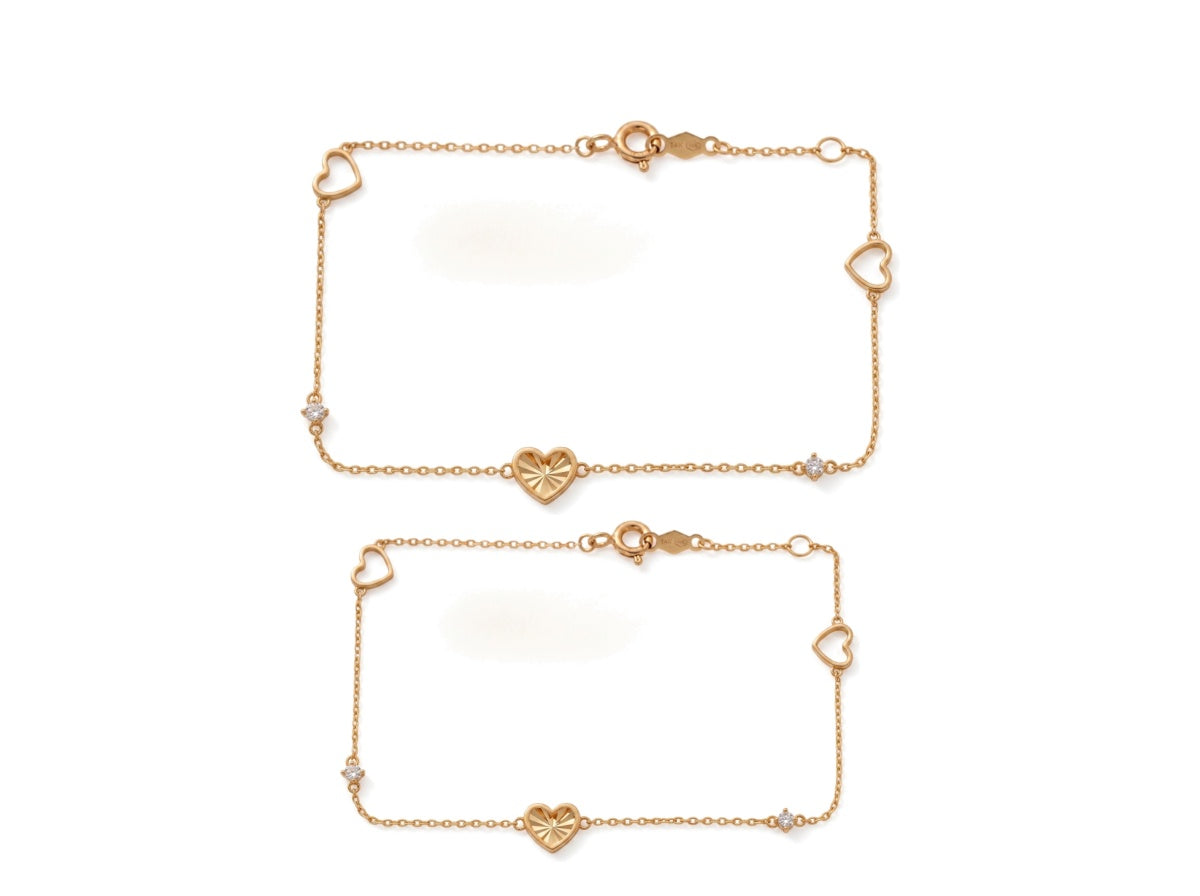 Mommy & Me 14K Solid Gold Heart CZ Matching Bracelet Set