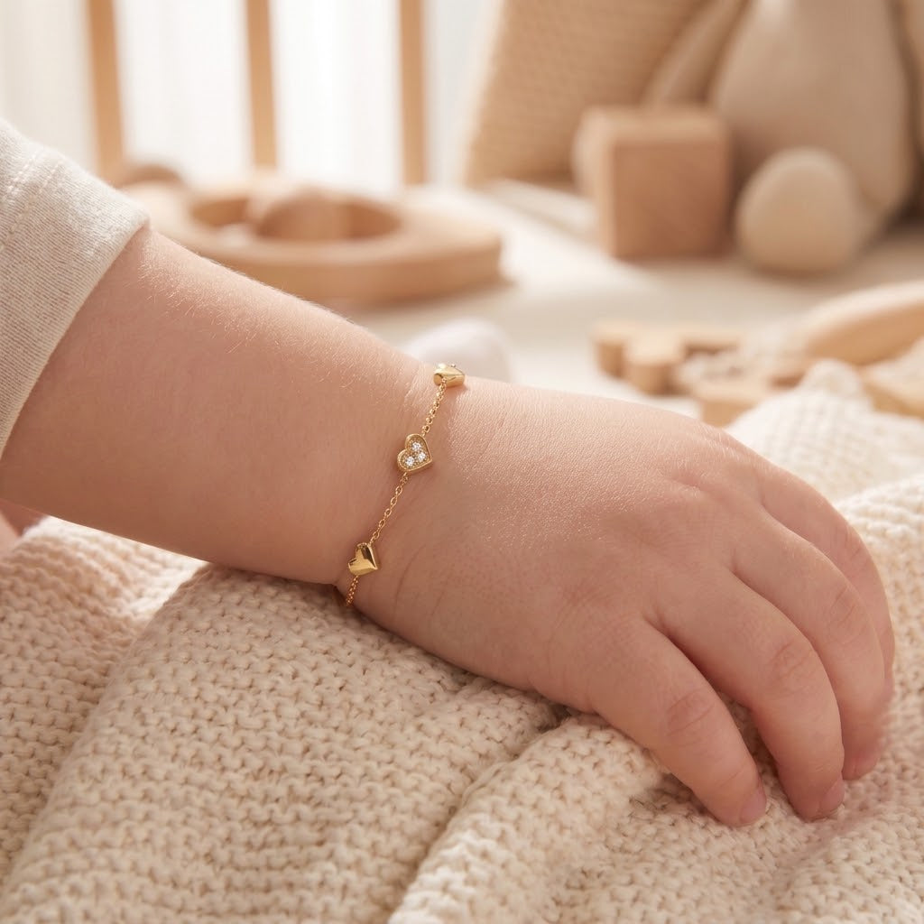 14K Solid Gold Heart CZ Kids Bracelet - Cubic zirconia, Yellow gold, Solid gold