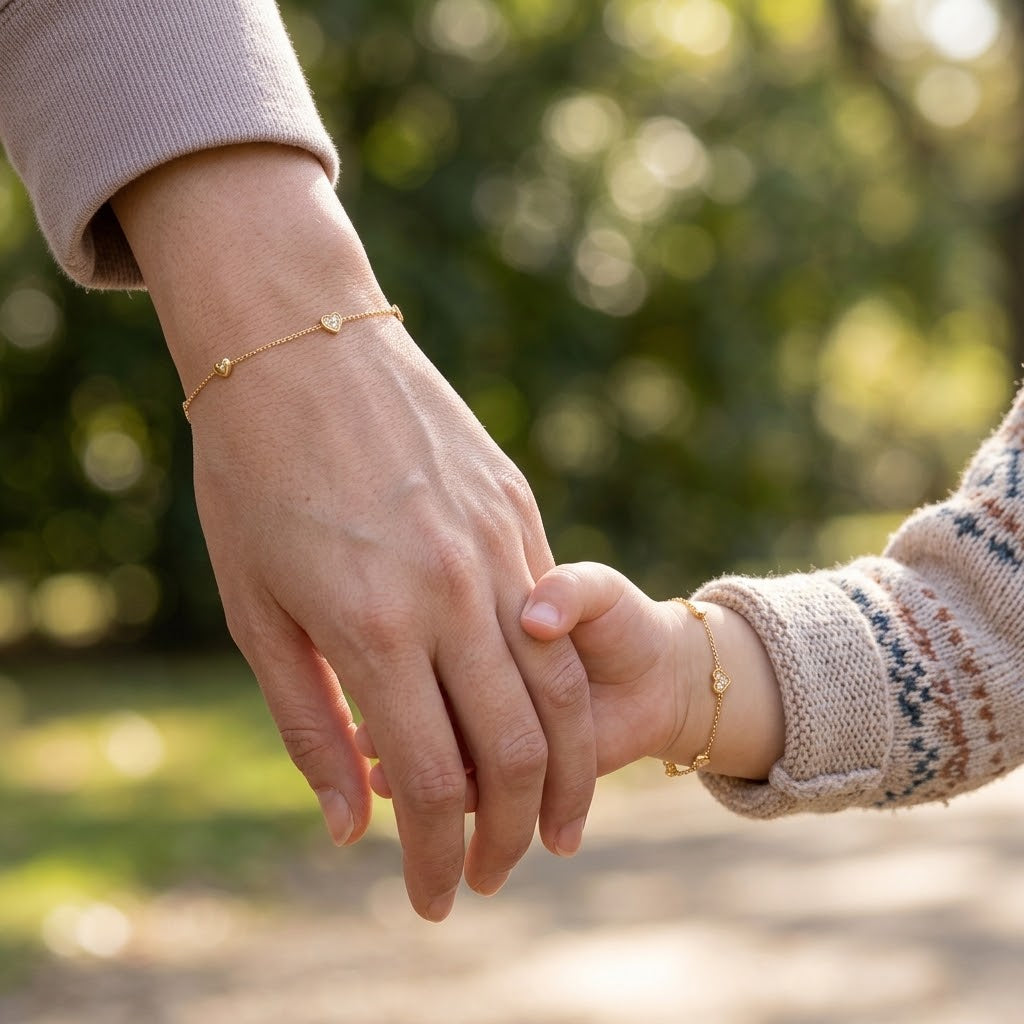 Mommy and child wearing matching 14K solid gold heart CZ bracelets