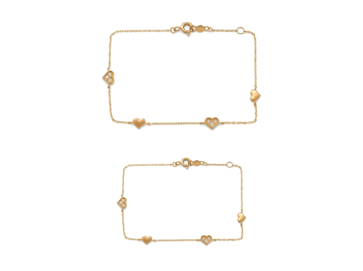 Mommy & Me 14K Solid Gold Heart CZ Matching Bracelet Set