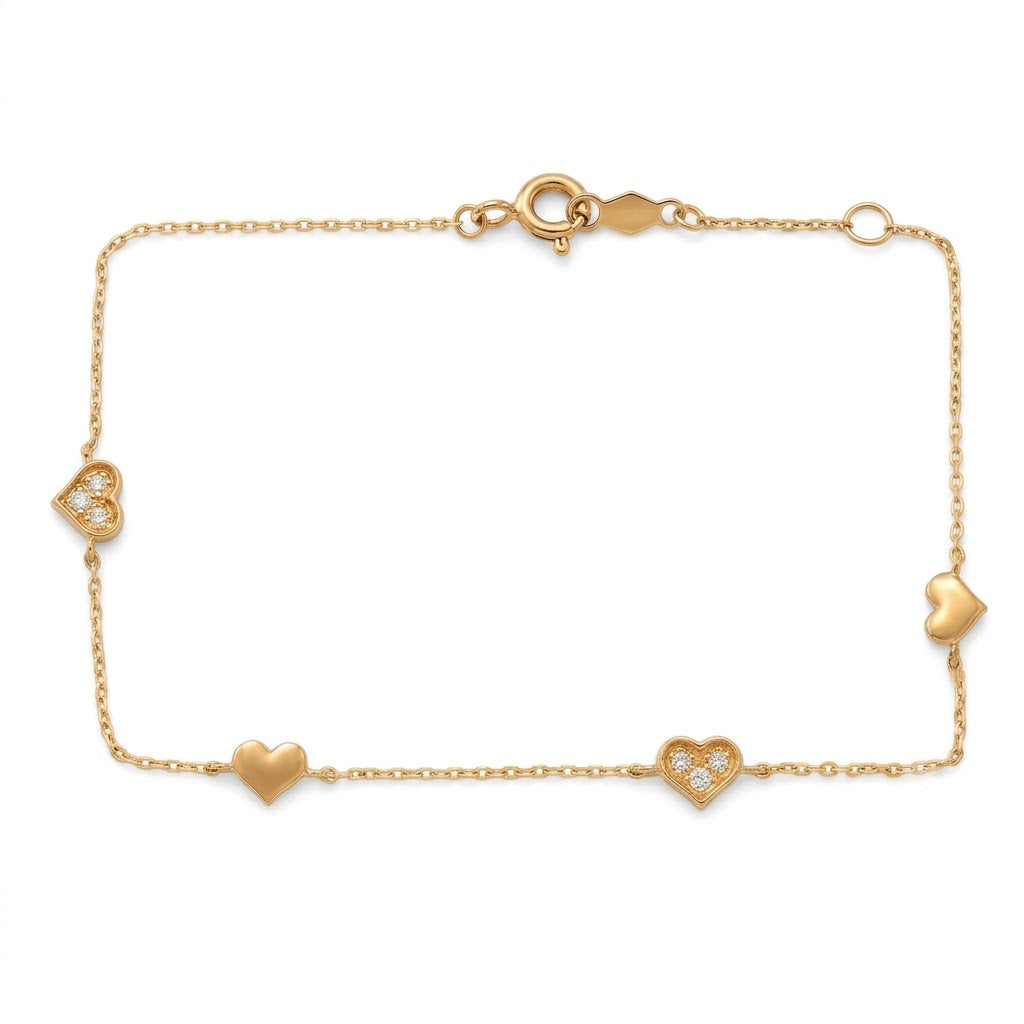 14K Solid Gold Heart CZ Kids Bracelet - Cubic zirconia, Yellow gold, Solid gold