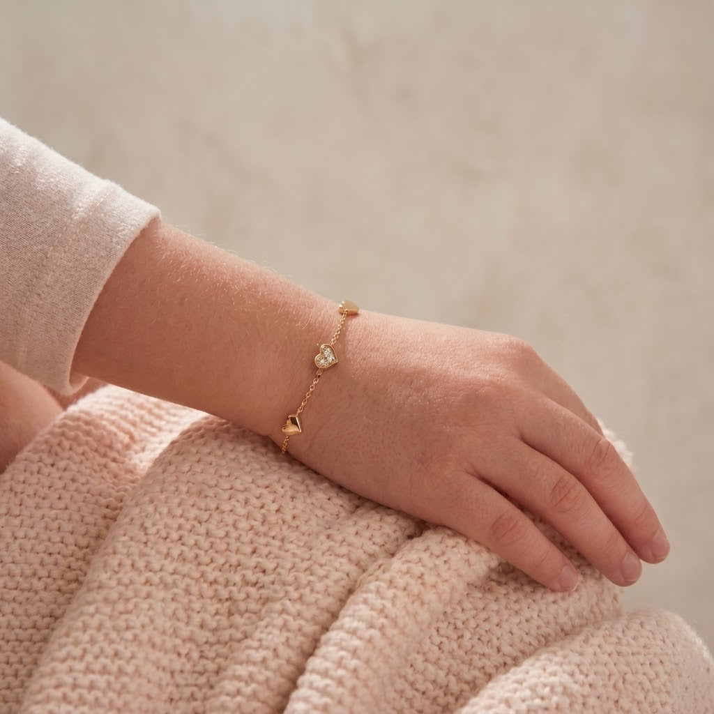 14K Solid Gold Heart CZ Kids Bracelet - Cubic zirconia, Yellow gold, Solid gold