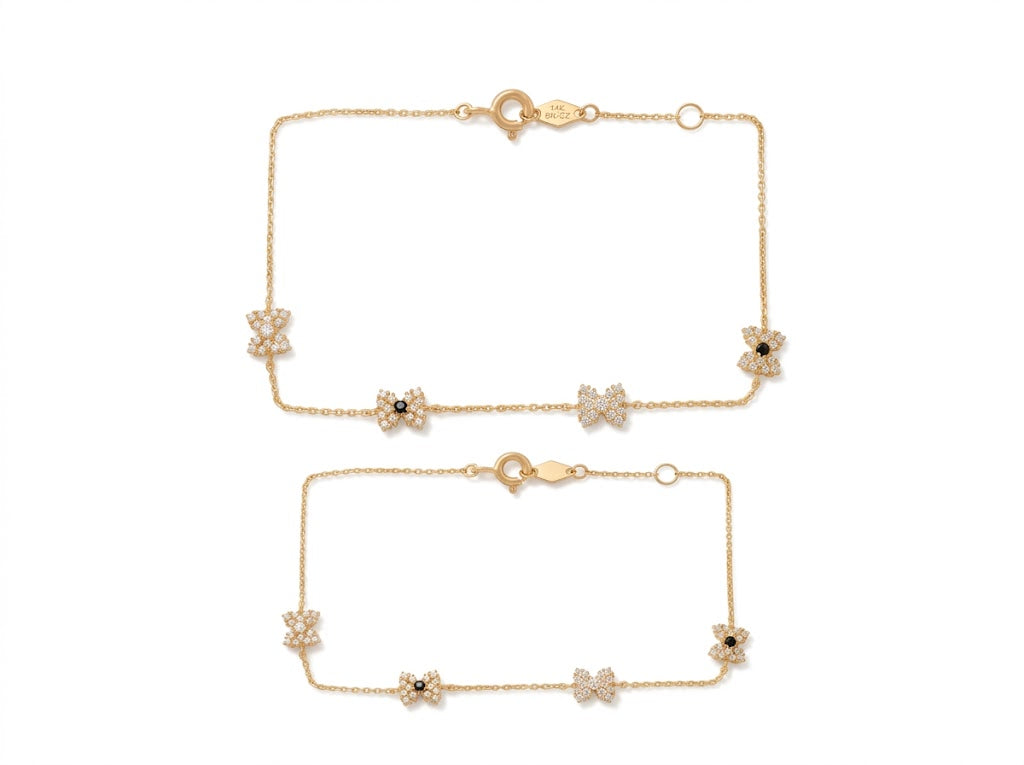 Mommy & Me 14K Solid Gold Ribbon CZ Matching Bracelet Set
