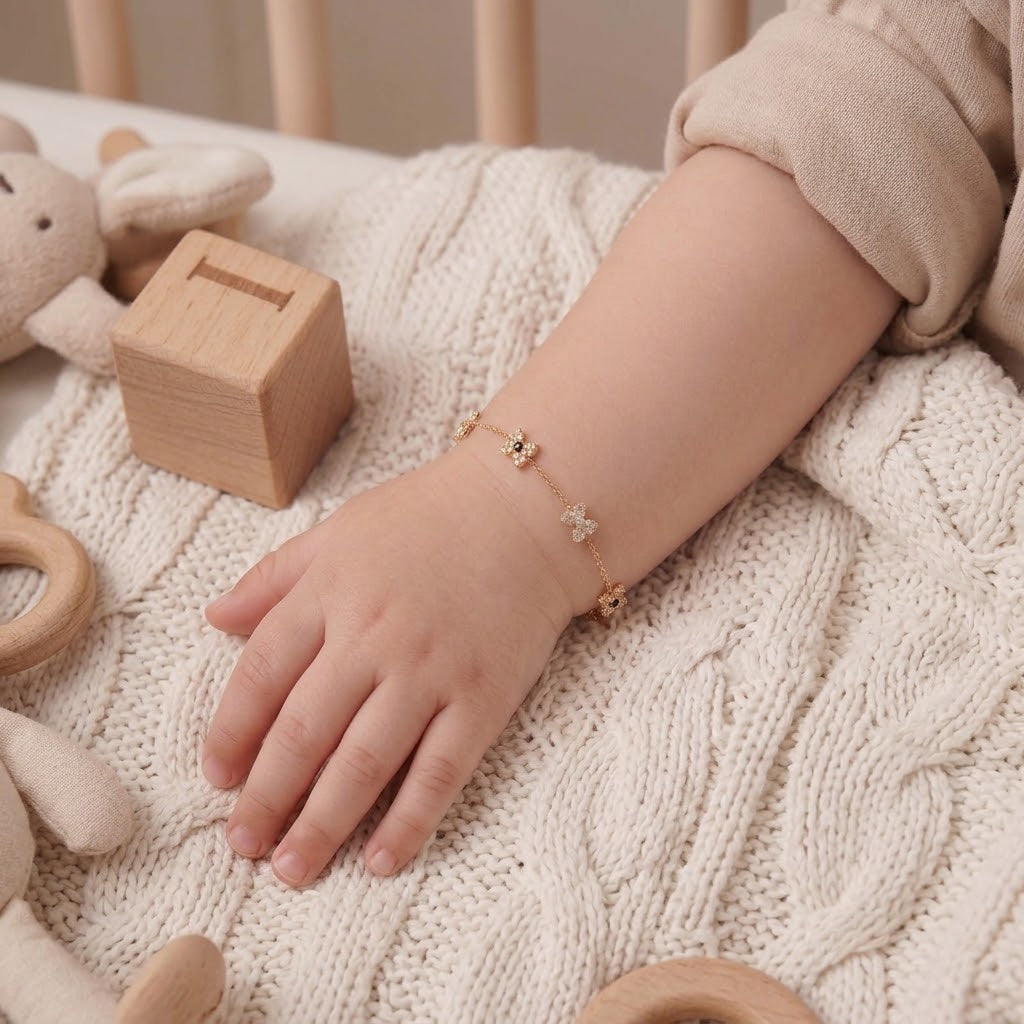 14K Solid Gold Ribbon CZ Kids Bracelet - Cubic zirconia, Black, Yellow gold, Solid gold
