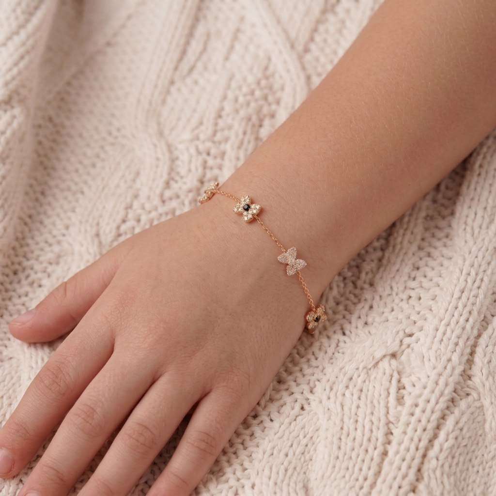 14K Solid Gold Ribbon CZ Kids Bracelet - Cubic zirconia, Black, Yellow gold, Solid gold