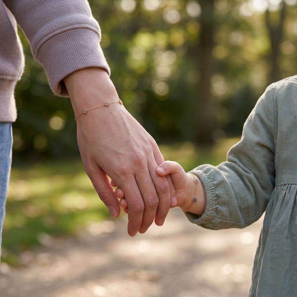Mommy and child wearing matching 14K solid gold sapphire flower bracelets