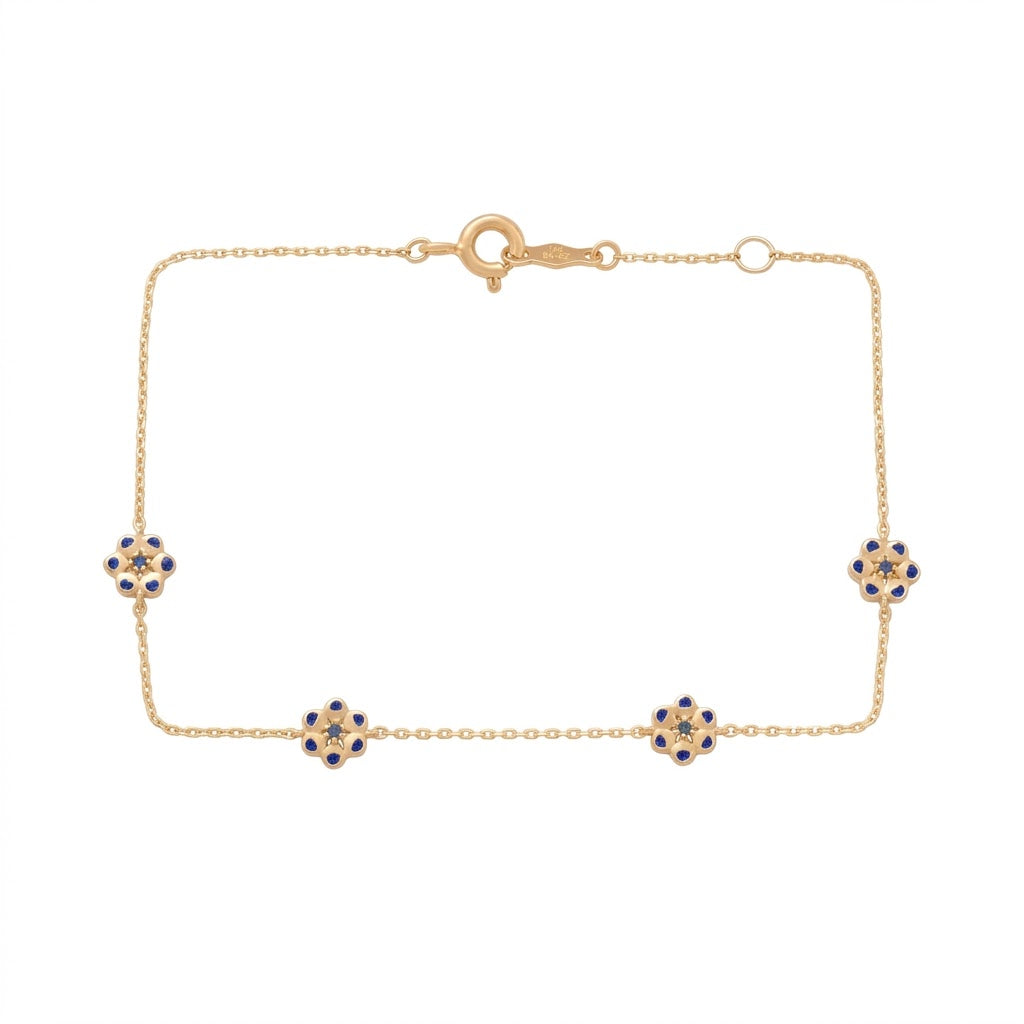 14K Solid Gold Sapphire Flower Kids Bracelet - Sapphire, Blue epoxy, Yellow gold, Solid gold