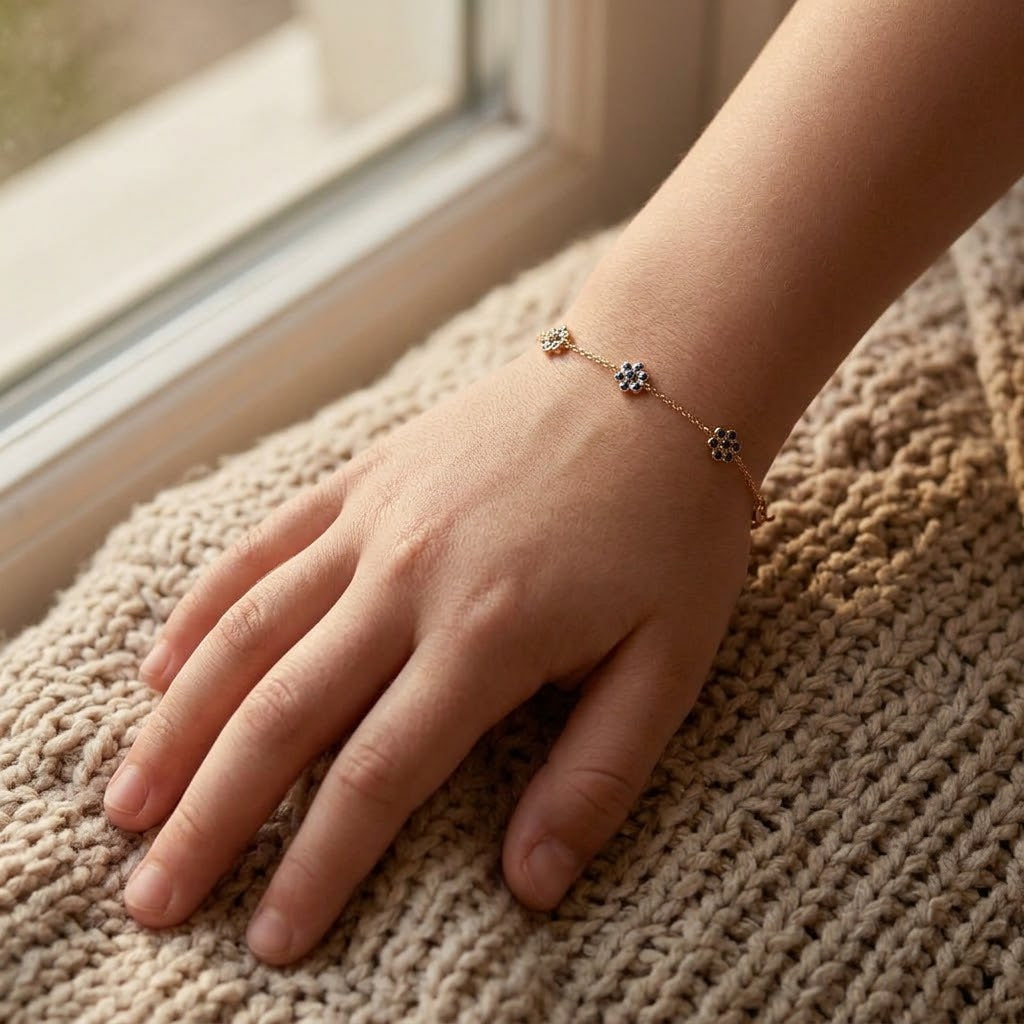 14K Solid Gold Sapphire Flower Kids Bracelet - Sapphire, Blue epoxy, Yellow gold, Solid gold