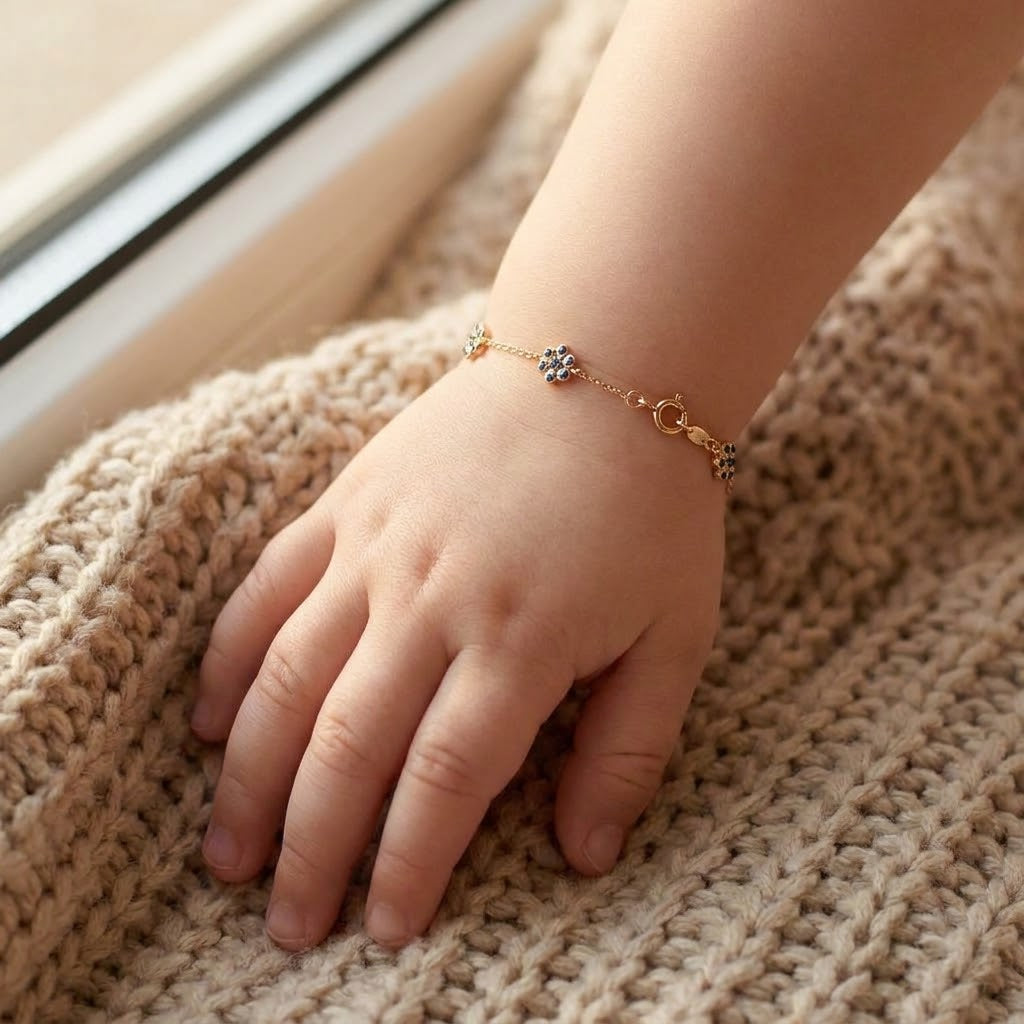 14K Solid Gold Sapphire Flower Kids Bracelet - Sapphire, Blue epoxy, Yellow gold, Solid gold