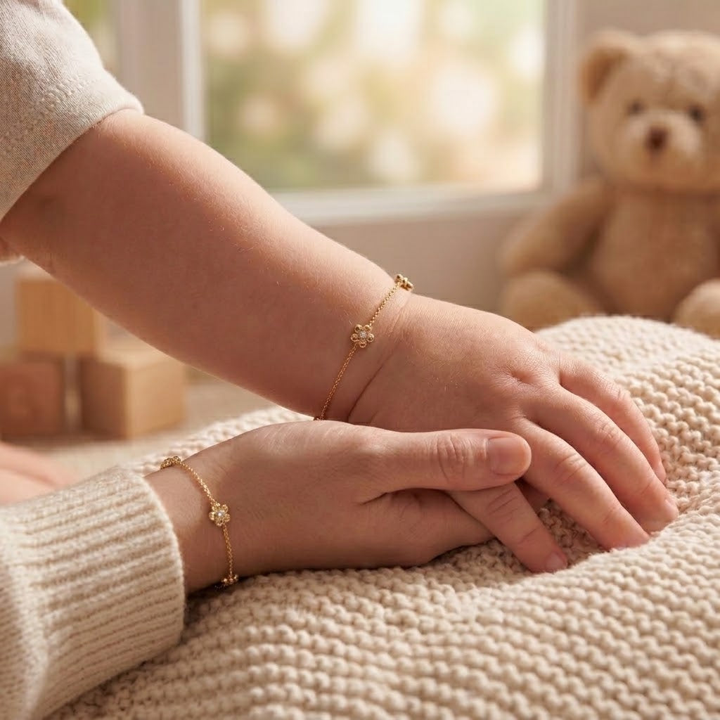 Mommy and child wearing matching 14K solid gold triple flower CZ bracelets