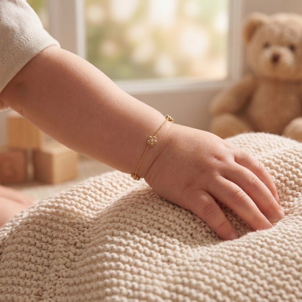14K Solid Gold Triple Flower CZ Kids Bracelet - Cubic zirconia, Yellow gold, Solid gold