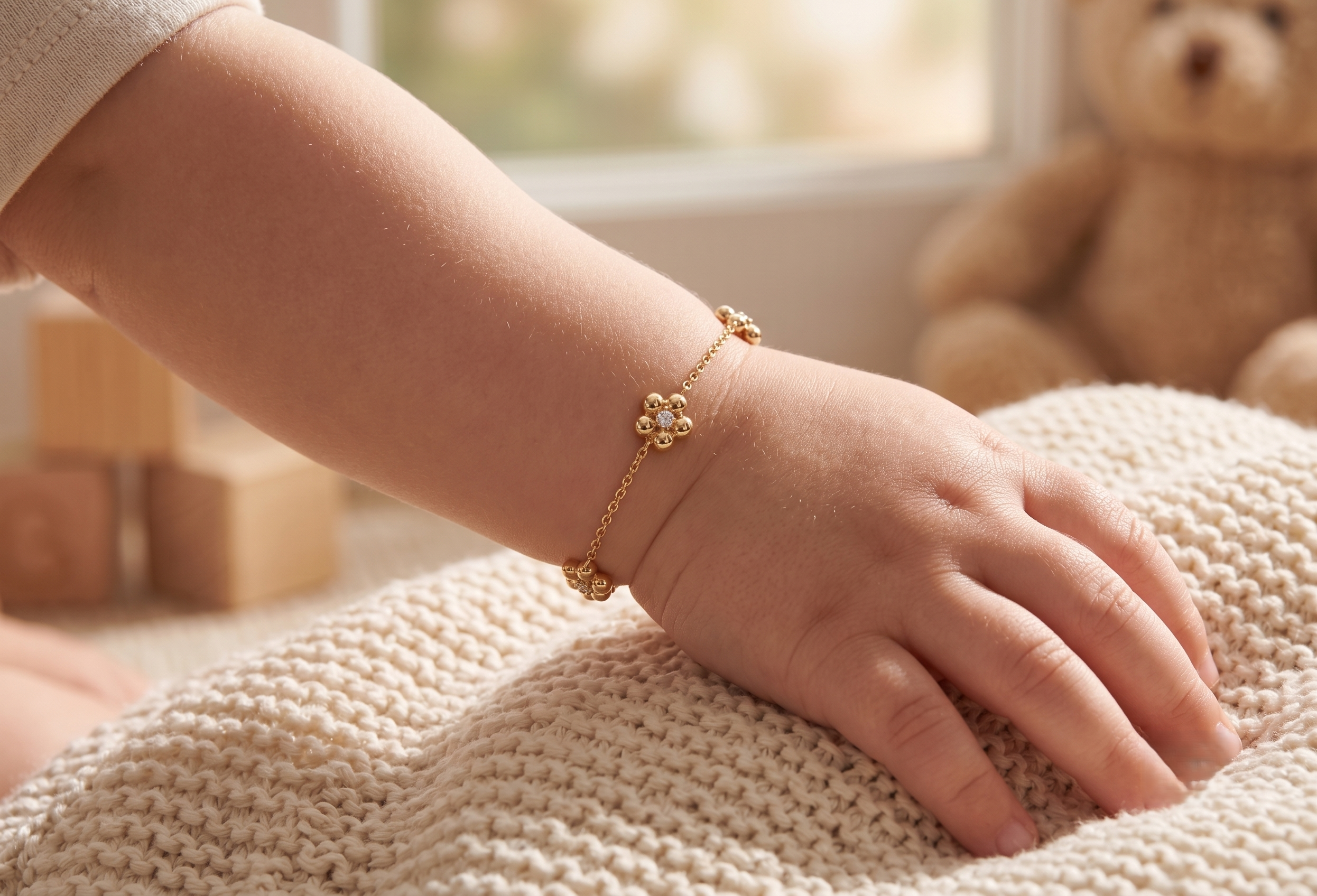 14K Solid Gold Children's Flower Bracelet with CZs