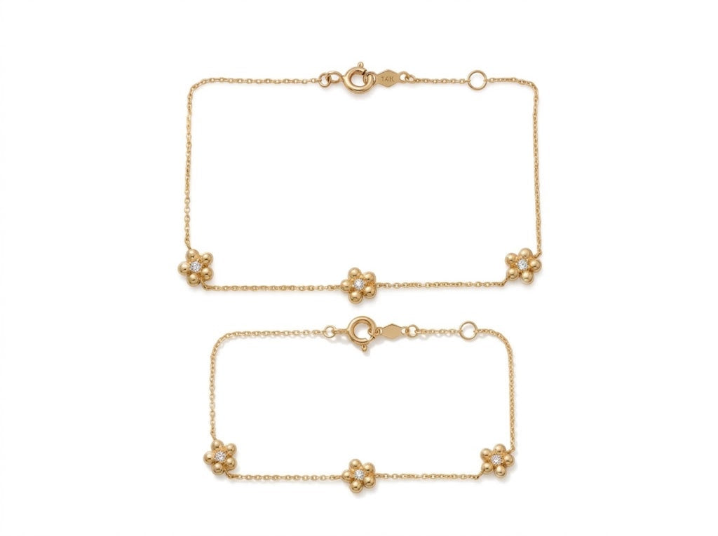Mommy & Me 14K Solid Gold Triple Flower CZ Matching Bracelet Set