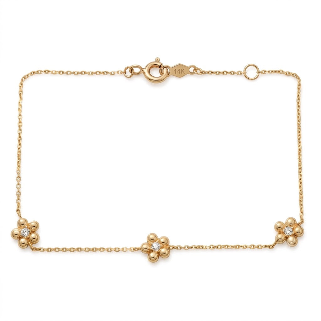 14K Solid Gold Children's Flower Bracelet with CZs
