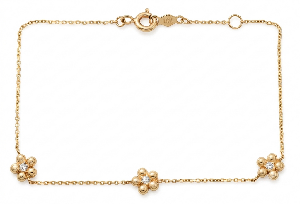 14K Solid Gold Children's Flower Bracelet with CZs