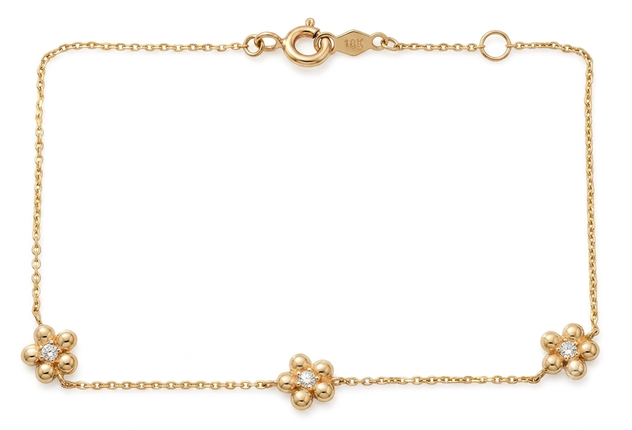 14K Solid Gold Children's Flower Bracelet with CZs