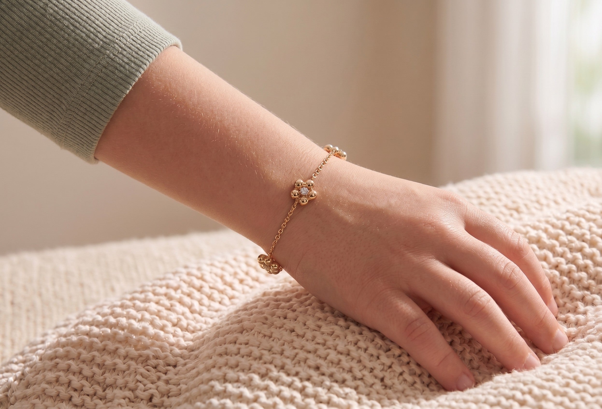14K Solid Gold Children's Flower Bracelet with CZs