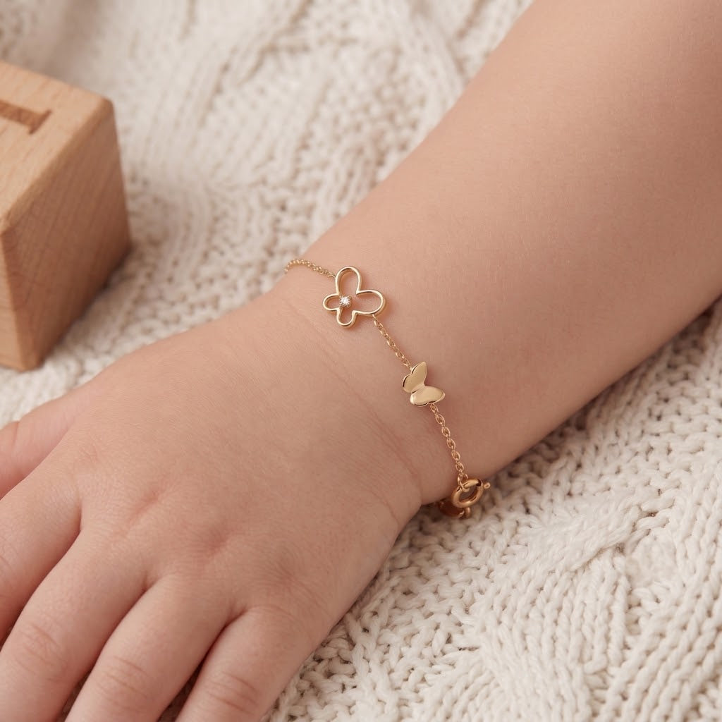 14K Solid Gold Butterfly Kids Bracelet - Cubic zirconia, Yellow gold, Solid gold